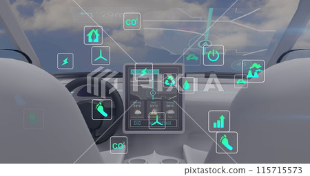 Image of data processing and ecology icons over car and clouds 115715573