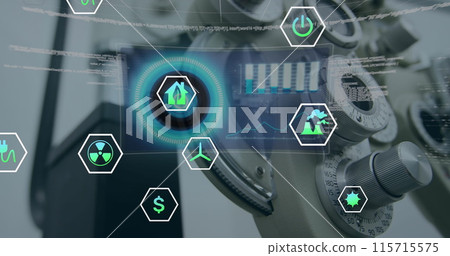 Image of data processing and network of connections over dark background Image of data processing and network of connections over dark background 115715575