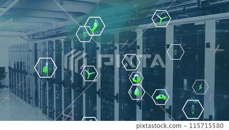 Image of data processing and ecology icons over server room 115715580