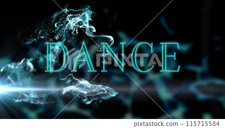 Image of neon dance text banner over blue light spot and digital waves against black background 115715584