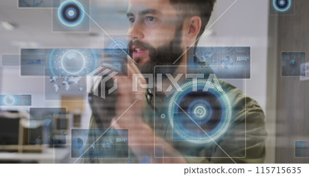 Image of data processing with scope scanning over caucasian businessman working at office 115715635