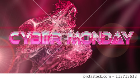 Image of cyber monday text banner against spots of light and digital wave on pink background 115715638