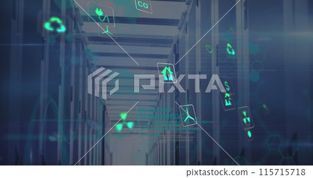 Image of data processing and ecology icons over server room 115715718