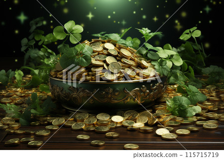 Banner consisting from traditional species shamrock in leaves for celebration holiday st Patrick's day, Ai generated 115715719