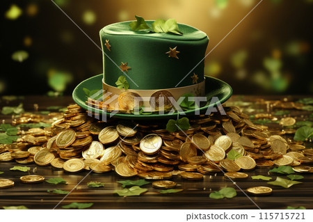 Banner consisting from traditional species shamrock in leaves for celebration holiday st Patrick's day, Ai generated 115715721