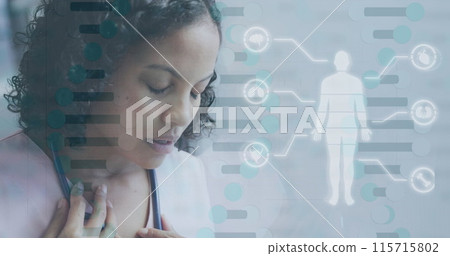 Image of dna strand and medical data processing over biracial female doctor Image of dna strand and medical data processing over biracial female doctor 115715802