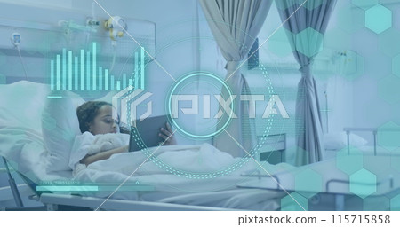 Image of medical data processing over biracial girl patient Image of medical data processing over biracial girl patient 115715858