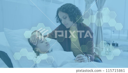 Image of medical data processing over biracial mother with girl patient Image of medical data processing over biracial mother with girl patient 115715861