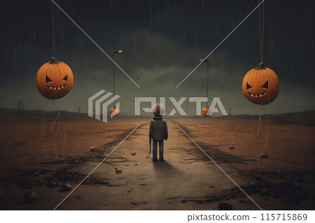 Big orange scary pumpkin on holiday Halloween, Ai generated 115715869