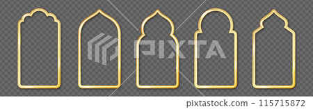 Gold traditional islamic window shape, arabic golden frames or silhouette moroccan borders Gold traditional islamic window shape, arabic golden frames or silhouette moroccan borders 115715872