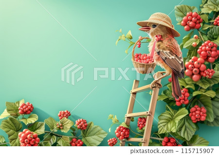 A bird is holding berries in a basket and is perched on a ladder with Generative AI 115715907