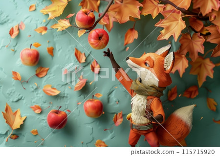 A fox is reaching for an apple on a tree with Generative AI 115715920