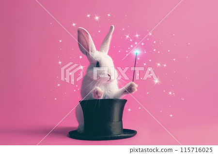 A rabbit is holding a wand and standing in front of a hat with Generative AI A rabbit is holding a wand and standing in front of a hat with Generative AI 115716025