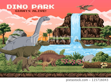 8 bit pixel art dinosaurs, arcade game landscape. Vector dino park with brachiosaurus, stegosaurus, triceratops and flying pterosaur dino spices, prehistoric waterfalls, cliffs, flora under sunset sky 115716043