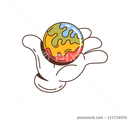 Retro groovy space character, cartoon vector hand holding colorful, globe-like object, with blue, green, yellow, and red areas representing the Earth, symbolizing care or environmental responsibility Retro groovy space character, cartoon vector hand holding colorful, globe-like object, with blue, green, yellow, and red areas representing the Earth, symbolizing care or environmental responsibility 115716050