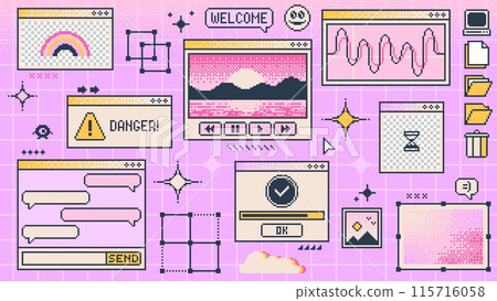Retro y2k computer window page interface. Vector pc desktop with folders, loading bar, program error, chat app, sparks, browser and menu icons. Rave pink screen background in old 2000s aesthetic style Retro y2k computer window page interface. Vector pc desktop with folders, loading bar, program error, chat app, sparks, browser and menu icons. Rave pink screen background in old 2000s aesthetic style 115716058