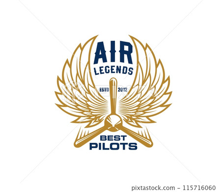Airline and aircraft aviation icon with golden wings and central propeller, flanked by the text air legends and best pilots, signifying excellence in aviation. Isolated vector emblem in classic style Airline and aircraft aviation icon with golden wings and central propeller, flanked by the text air legends and best pilots, signifying excellence in aviation. Isolated vector emblem in classic style 115716060