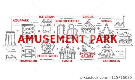 Amusement park, playground and funfair vector attractions line icons. Ferris wheel, rollercoaster, circus and aquapark. Rollercoaster and viking, trampoline, castle, shooting gallery, carousel 115716080