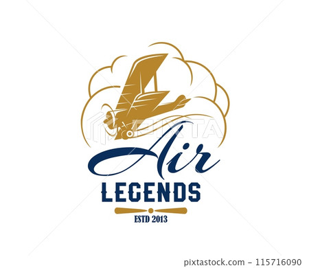 Airline and aircraft aviation icon. Isolated vector air legends emblem with vintage biplane ascending through stylized clouds, in blue and gold palette, with elegant script evoking a sense of heritage Airline and aircraft aviation icon. Isolated vector air legends emblem with vintage biplane ascending through stylized clouds, in blue and gold palette, with elegant script evoking a sense of heritage 115716090