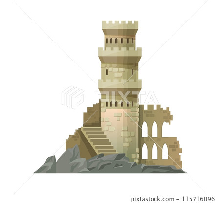 Cartoon castle, kingdom palace. Isolated vector ancient medieval or fairytale, partially ruined tower structure features a spiral staircase, arched windows,and weathered stone walls set on rocky base Cartoon castle, kingdom palace. Isolated vector ancient medieval or fairytale, partially ruined tower structure features a spiral staircase, arched windows,and weathered stone walls set on rocky base 115716096