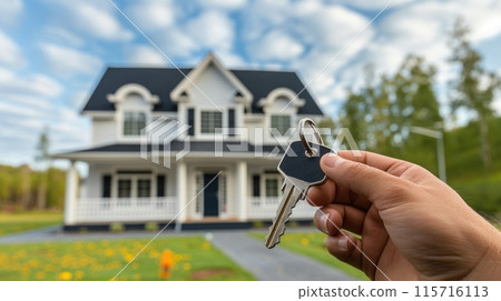 A person is holding a key in front of a house 115716113