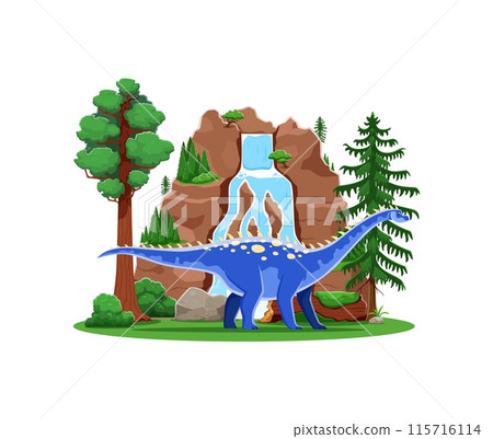 Prehistoric cartoon ampelosaurus dinosaur. Isolated vector vibrant dino with blue spotted skin, long neck and tail, and spine spikes, stands near a waterfall with lush green vegetation surrounding it Prehistoric cartoon ampelosaurus dinosaur. Isolated vector vibrant dino with blue spotted skin, long neck and tail, and spine spikes, stands near a waterfall with lush green vegetation surrounding it 115716114