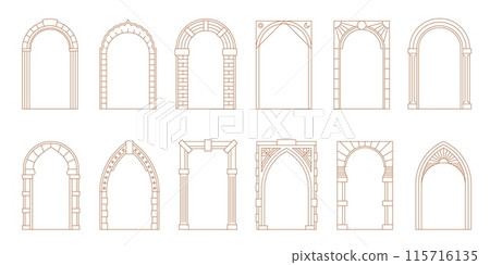 Art deco arch window and door frames, entrance doorways and gateway, vector architectural line drawing. Ancient classic architecture arch doors with arcs of Medieval temple, palace or mosque doorways Art deco arch window and door frames, entrance doorways and gateway, vector architectural line drawing. Ancient classic architecture arch doors with arcs of Medieval temple, palace or mosque doorways 115716135