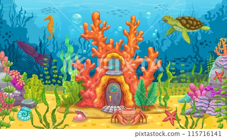 Underwater game landscape with coral reef house. Cartoon vector fantasy background with mermaid home building. Fairytale dwelling in reef with shell door, crab and seaweeds at front yard on sea bottom Underwater game landscape with coral reef house. Cartoon vector fantasy background with mermaid home building. Fairytale dwelling in reef with shell door, crab and seaweeds at front yard on sea bottom 115716141
