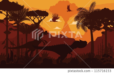 Prehistoric dinosaur silhouettes on sunset landscape. Breathtaking vector scene with ancient flying birds, oviraptor and allosaurus shadows roam at vivid dusk backdrop with lush jungle vegetation 115716153