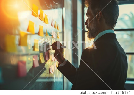 A man in a suit is writing on a whiteboard with a marker 115716155