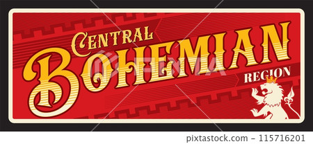 Central Bohemian region, administrative unit of Czech republic. Vector travel plate, vintage tin sign, retro postcard design. Old plaque with kraj lion with crown and symbolics of area 115716201