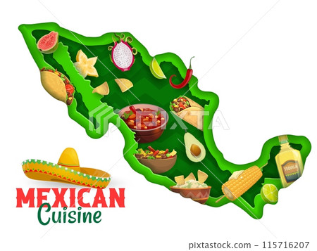 Mexican cuisine on Mexico paper cut map for Latin food and travel, vector background. Papercut Mexican burrito and taco, tequila with sweetcorn and avocado guacamole with tropical fruits and sombrero Mexican cuisine on Mexico paper cut map for Latin food and travel, vector background. Papercut Mexican burrito and taco, tequila with sweetcorn and avocado guacamole with tropical fruits and sombrero 115716207