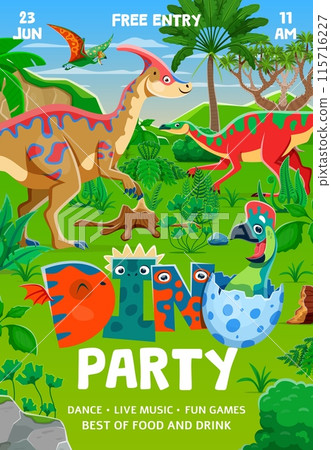 Kids dino party holiday flyer with dinosaurs at prehistoric jurassic landscape. Vector invitation poster template for children event celebration with cartoon funny tapejara, parasaurolopus, anatotitan Kids dino party holiday flyer with dinosaurs at prehistoric jurassic landscape. Vector invitation poster template for children event celebration with cartoon funny tapejara, parasaurolopus, anatotitan 115716227