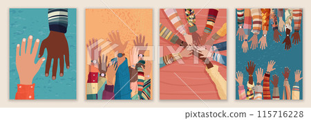 Creative poster - leaflet design with raised hands of multicultural volunteers.Recruitment volunteer. Non profit.Volunteerism.NGO Aid.Call for volunteers template.Charity and solidarity 115716228