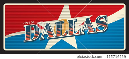 Dallas USA travel sticker, vintage tin plaque, tourist destination card. United States of America banner, vector tin plate with flag star symbol. USA vacation tour postcard or souvenir card Dallas USA travel sticker, vintage tin plaque, tourist destination card. United States of America banner, vector tin plate with flag star symbol. USA vacation tour postcard or souvenir card 115716239
