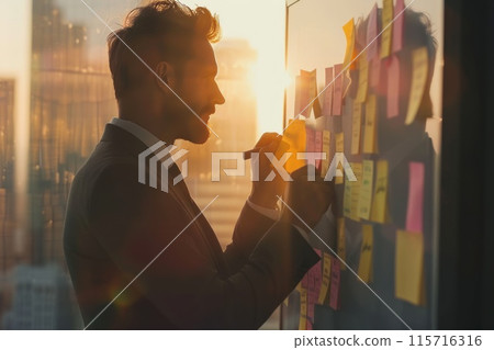 A man in a suit is writing on a whiteboard with a marker 115716316