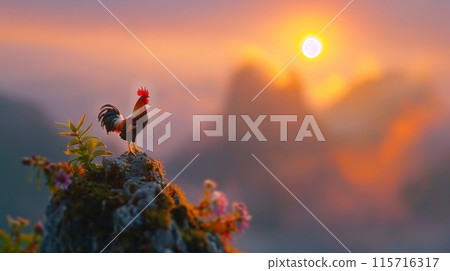 Rooster Standing on Mountain Peak at Sunrise with Exaggerated Features for Miniature Diorama Concept Magical and Whimsical Atmosphere 115716317