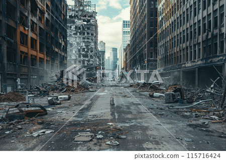 Generative ai on theme of city destroyed street flooded after massive floods and natural big rains 115716424
