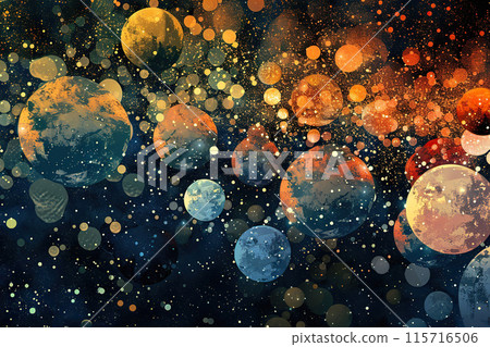 Generative ai on theme of parade of planets in solar system, bright stars glow in atmosphere Generative ai on theme of parade of planets in solar system, bright stars glow in atmosphere 115716506