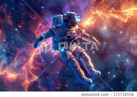 Generative ai on theme of astronaut flying in zero gravity against starry sky in deep dark space Generative ai on theme of astronaut flying in zero gravity against starry sky in deep dark space 115716556