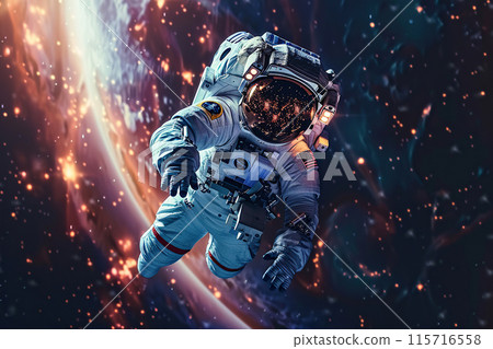 Generative ai on theme of astronaut flying in zero gravity against starry sky in deep dark space 115716558