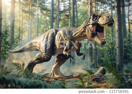 Generative ai on theme of big scary hungry dinosaur with kind eyes and sharp teeth destroying park 115716591