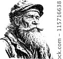 An old man who has lived a hard working life. In pen drawing style. Isolated drawing on a white background. 115716638