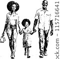 Cute african american family walking. In pen drawing style. Isolated drawing on a white background. 115716641