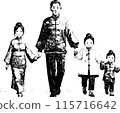 Cute chinese family walking. In pen drawing style. Isolated drawing on a white background. 115716642