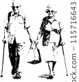 Elderly nice couple walking. In pen drawing style. Isolated drawing on a white background. 115716643