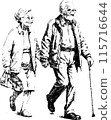 Elderly nice couple walking. In pen drawing style. Isolated drawing on a white background. 115716644