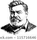 Middleaged man, experienced, bearded. In pen drawing style. Isolated drawing on a white background. 115716646