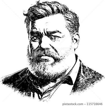 Middleaged man, experienced, bearded. In pen drawing style. Isolated drawing on a white background. Middleaged man, experienced, bearded. In pen drawing style. Isolated drawing on a white background. 115716646