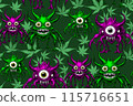 Seamless pattern of funny monsters and cannabis leaves. 115716651